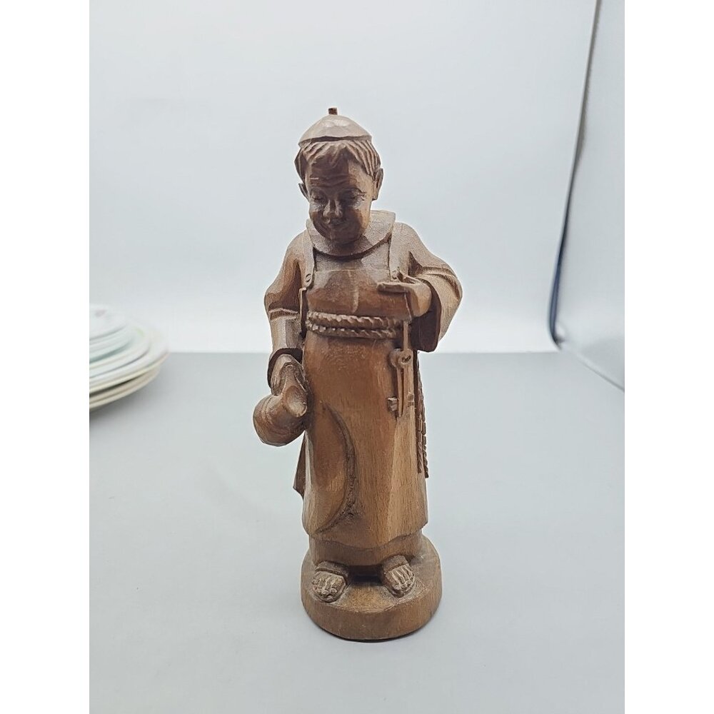 Vintage 8” Wood Hand Carved Monk Friar Holding Stein Figurine Statue